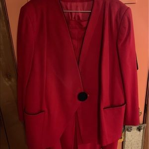 Red wool suit with black trim
